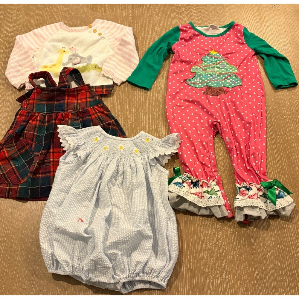 Baby Girls Boutique Clothing Lot 12-18M Stitchy Fish Christmas Plaid Smocked Set